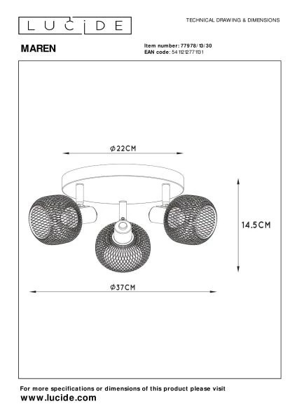 Lucide MAREN - Spot plafond - Ø 37 cm - 3xE14 - Noir - technique